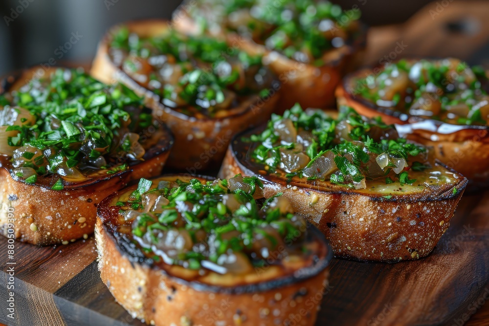 A serving of ikra, eggplant caviar, spread on slices of toasted rye bread. A serving of ikra, eggplant caviar, spread on slices of toasted rye bread.