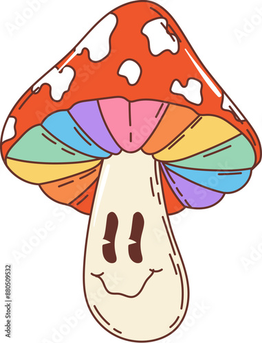 Retro groovy mushroom character. Isolated cartoon vector hippie, psychedelic amanita fungus with vibrant red dotted cap a chunky stem and colorful pulp. Whimsical fly agaric exuding nostalgic vibe