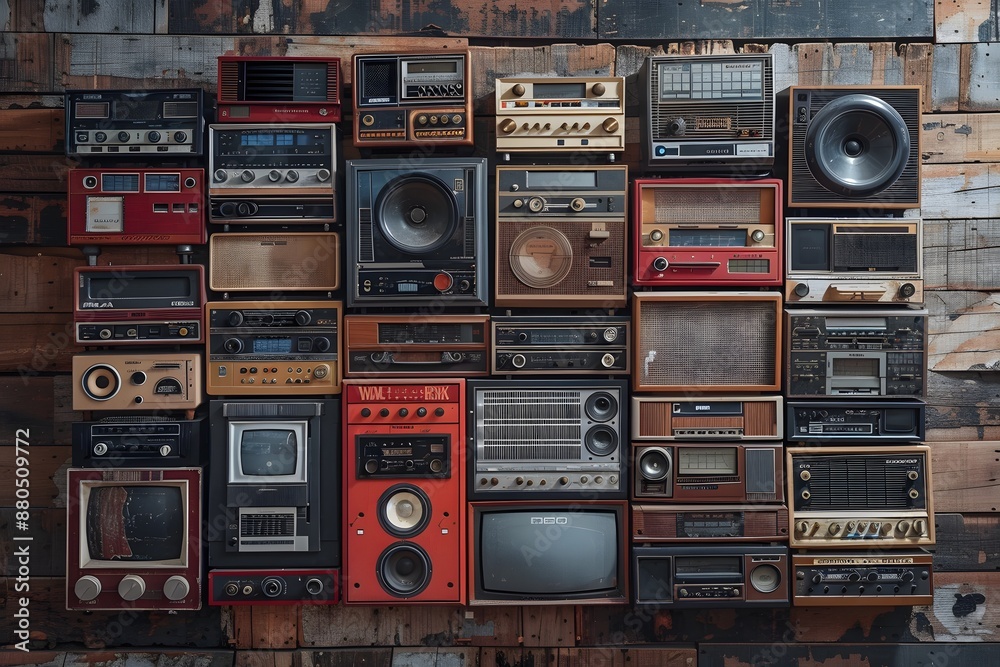 Obraz premium Vintage Radio Collection Displayed on Rustic Wooden Wall