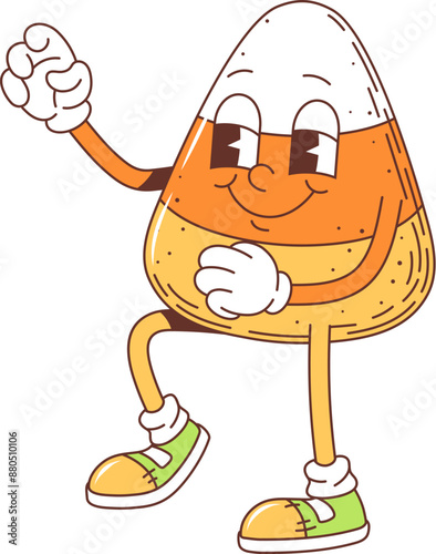 Cartoon retro groovy Halloween candy corn character for horror night holiday, vector comic face. Groovy funky or hippie candy corn with happy smile, Halloween trick or treat party character emoji