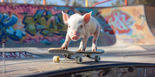 Playful Piglet Skateboarding in Colorful Graffiti Alley