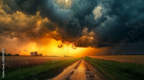 Fototapeta Naklejka Na Ścianę i Meble -  A dramatic sunset breaking through storm clouds after heavy rainfall.