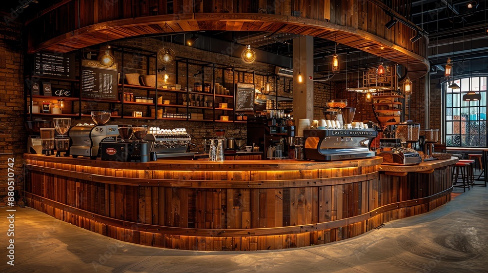 Modern Coffee Shop Interior with Rustic Wooden Bar. Modern Coffee Shop Interior with Rustic Wooden Bar.