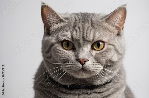 Close-up portrait of gray tabby cat with yellow eyes looking at camera on white background