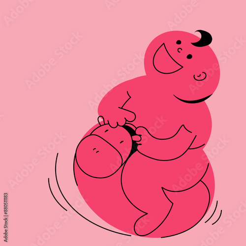 Happy red drawn character, baby riding bouncing toy horse on pink background. The Smiling kid, enjoying playful moment. Concept of childhood, games. Creative vector illustration. Hand drawn