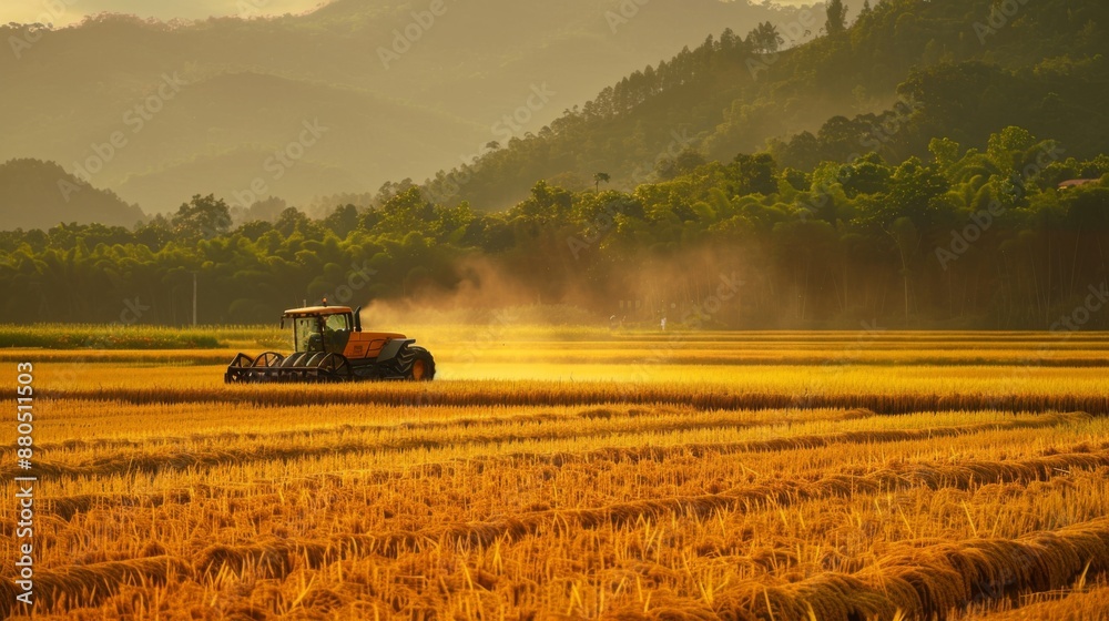 Fototapeta premium A farmer using a mechanized harvester to cut and gather ripe rice in a large field.