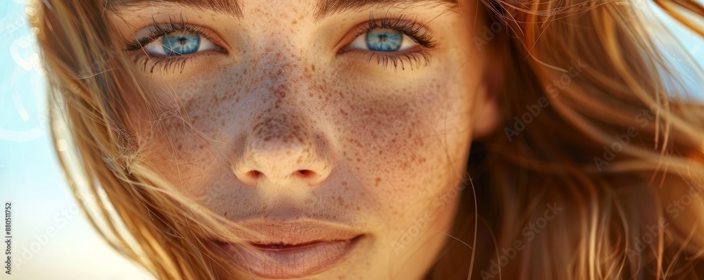 Woman with piercing blue eyes, warm smile, and flowing hair Woman with piercing blue eyes, warm smile, and flowing hair