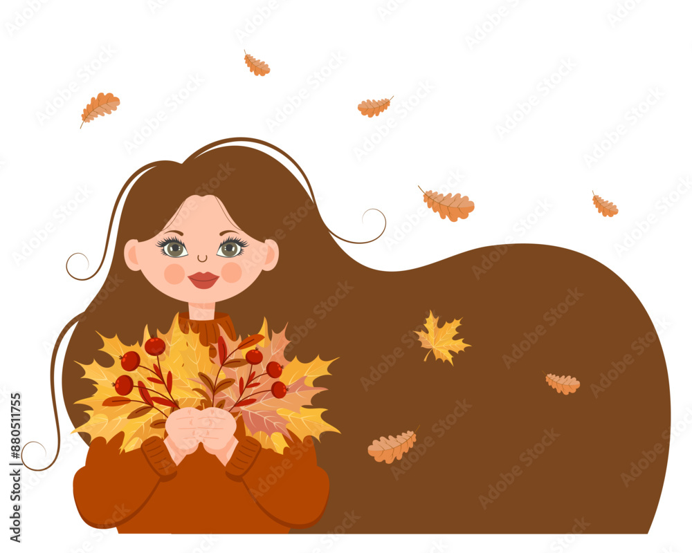 Cute girl in a wreath of maple leaves with a bouquet of autumn leaves and rowan. Illustration, print, vector Cute girl in a wreath of maple leaves with a bouquet of autumn leaves and rowan. Illustration, print, vector