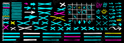 Bright color transparent marker highlighter lines, arrows, crowns. Hand painted marker underlines, frames. Set of vector cyan blue, yellow, purple pink and white infographic elements isolated on black