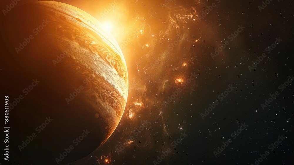 Obraz premium 3D rendering Jupiter planet with rising sun in space.