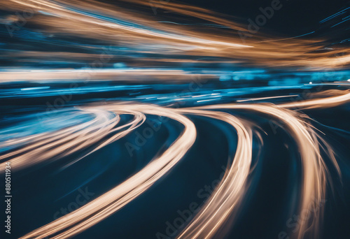 Bright blue light trails curve dynamically against a dark background creating a sense of speed and m