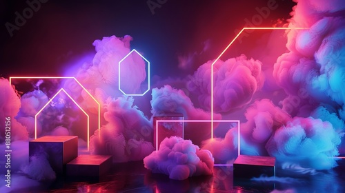 3d render of geometric shapes emitting neon glow against dramatic cloud backdrop, isolated on black background - futuristic abstract technology concept with vibrant neon lighting and dynamic cloudscap photo