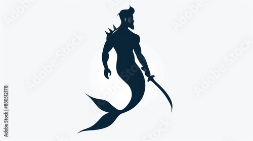 Detailed vector illustration of a solitary merman with armor, bearded face, and swords, standing tall with spiked shoulders. No background. photo