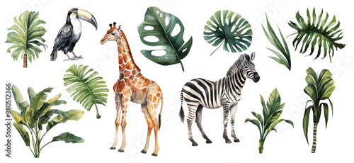 Watercolor tropical animals and birds with green tropical plants