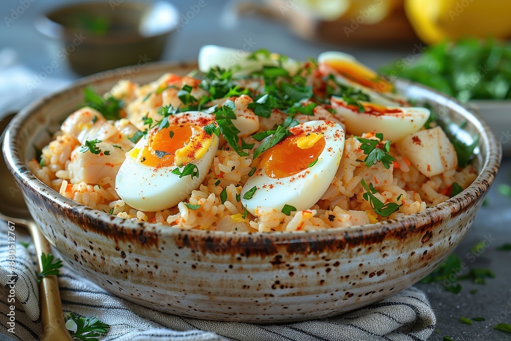 A serving of kedgeree, a rice dish with smoked haddock, boiled eggs, and fresh herbs, garnished with lemon wedges. A serving of kedgeree, a rice dish with smoked haddock, boiled eggs, and fresh herbs, garnished with lemon wedges.