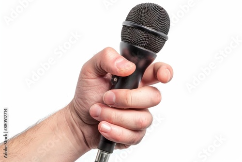 Hand of reporter with microphone isolated on white background. Journalism and broadcasting concept