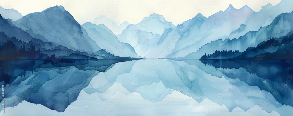 A serene watercolor painting of a tranquil lake surrounded by mountains.