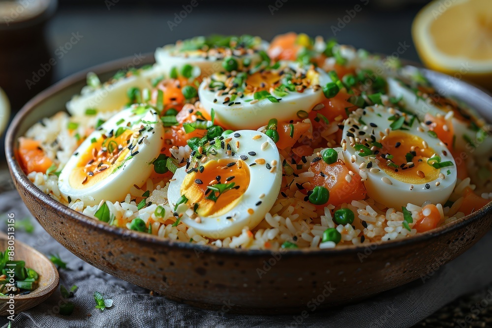 A serving of kedgeree, a rice dish with smoked haddock, boiled eggs, and fresh herbs, garnished with lemon wedges. A serving of kedgeree, a rice dish with smoked haddock, boiled eggs, and fresh herbs, garnished with lemon wedges.