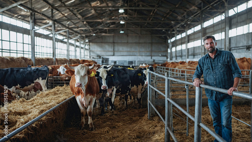 Happy farmer with cow cattle farm countryside.