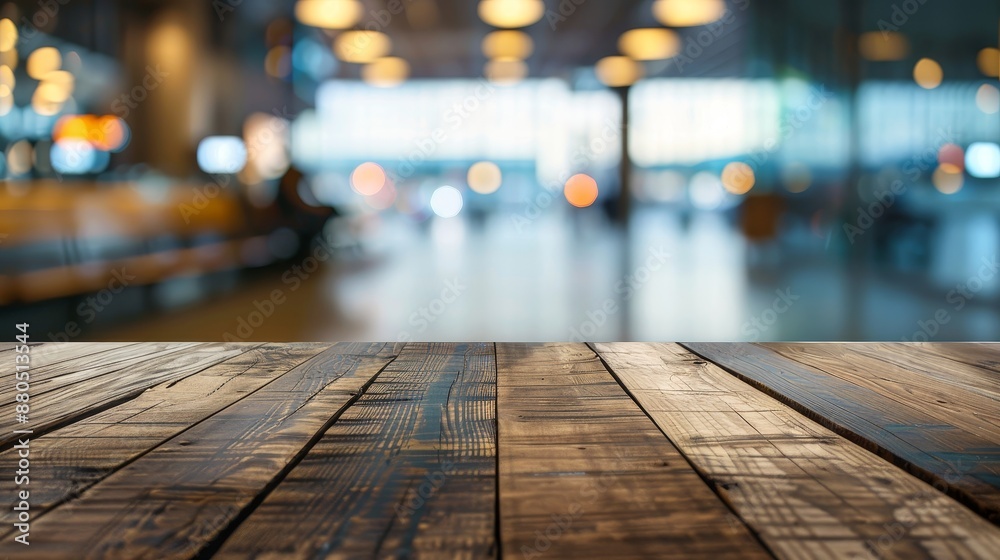 The background is composed of an empty wooden table and an abstract blur of an airport interior The background is composed of an empty wooden table and an abstract blur of an airport interior