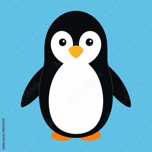 A penguin with orange feet stands on a blue background