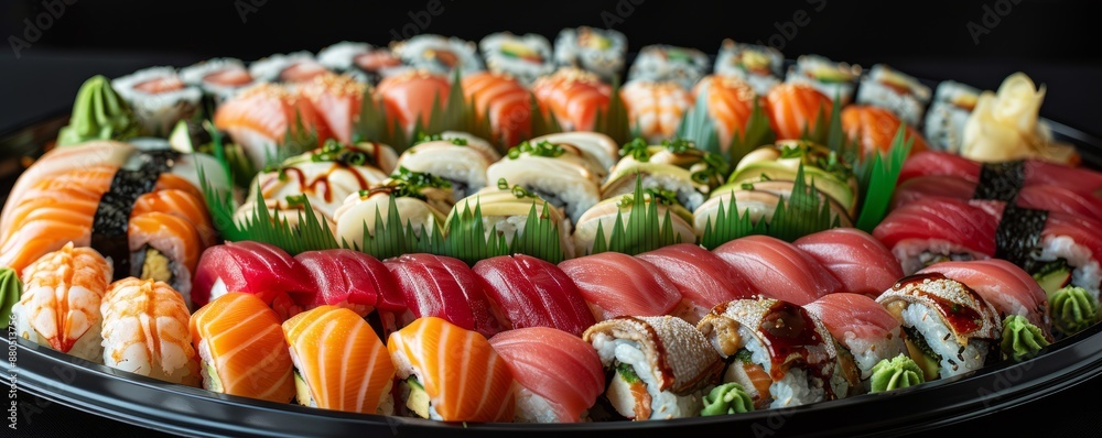 A sushi platter with colorful sashimi, nigiri, and maki rolls, arranged artfully on a black plate. A sushi platter with colorful sashimi, nigiri, and maki rolls, arranged artfully on a black plate.