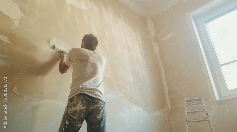 Fototapeta premium Man Plastering Wall in Bright Room During Renovation