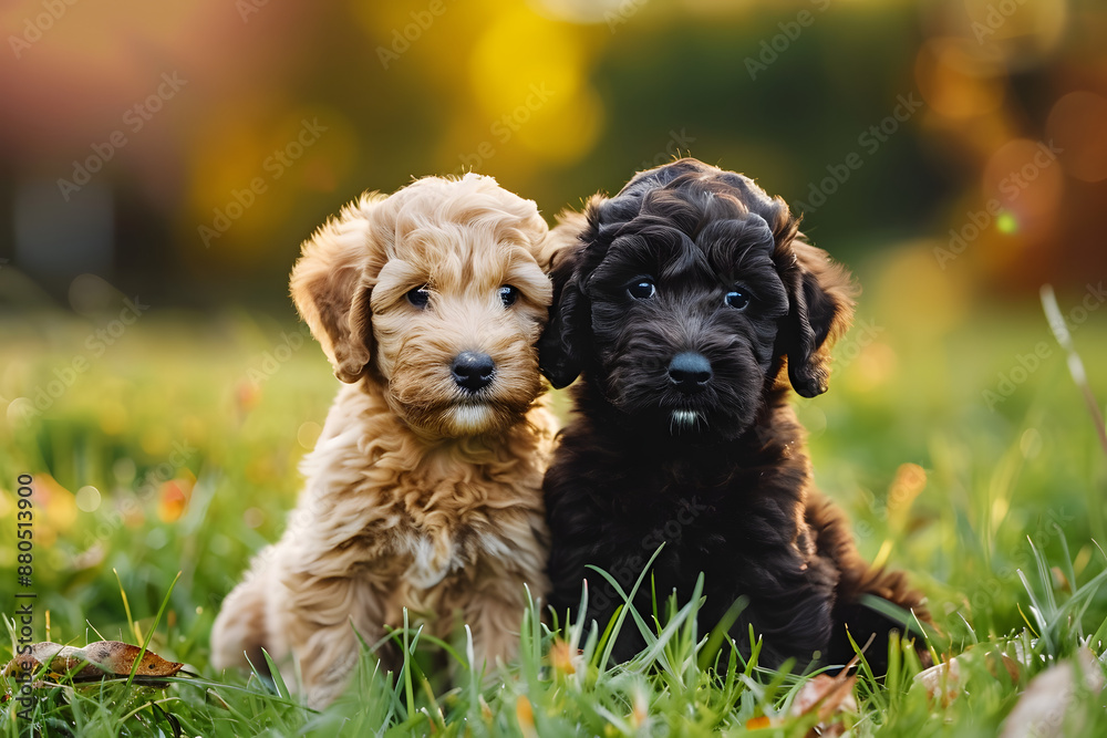 two labradoodle puppies in grass two labradoodle puppies in grass