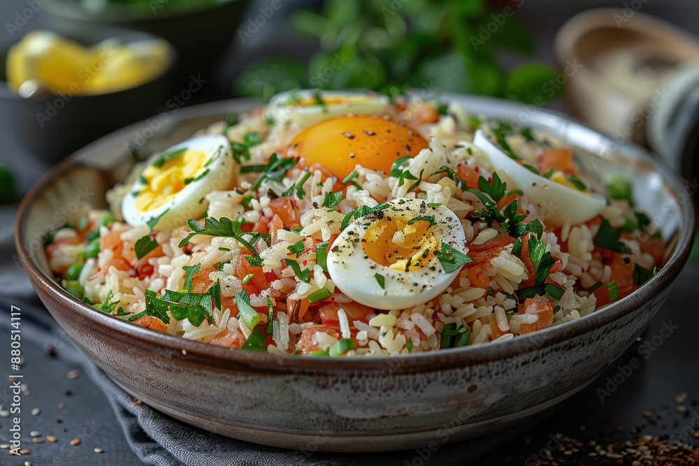 A serving of kedgeree, a rice dish with smoked haddock, boiled eggs, and fresh herbs, garnished with lemon wedges. A serving of kedgeree, a rice dish with smoked haddock, boiled eggs, and fresh herbs, garnished with lemon wedges.