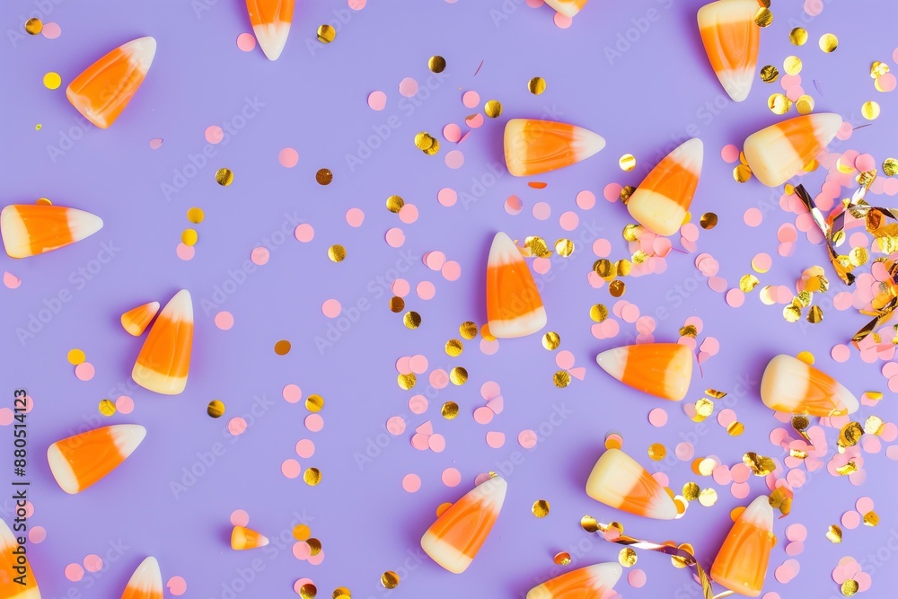black purple and gold flying candy corn and confetti on a purple solid color background for Halloween black purple and gold flying candy corn and confetti on a purple solid color background for Halloween