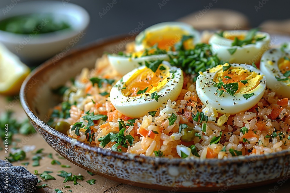 A serving of kedgeree, a rice dish with smoked haddock, boiled eggs, and fresh herbs, garnished with lemon wedges. A serving of kedgeree, a rice dish with smoked haddock, boiled eggs, and fresh herbs, garnished with lemon wedges.