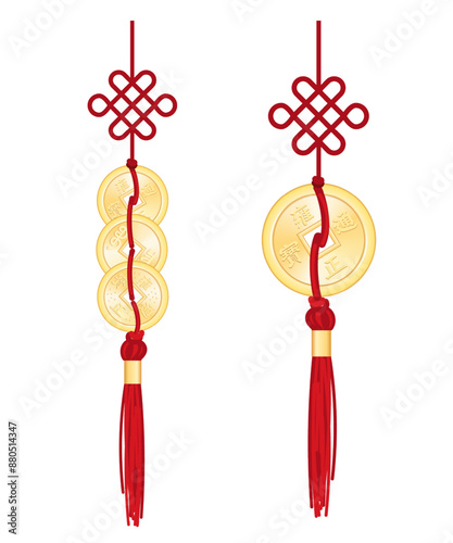 Knitted Chinese good luck coins. A bunch of coins. Symbol of good luck and prosperity. Chinese coins. Vector graphics.