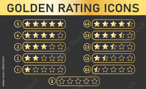 Gold rating icons. transparent through frames on a dark background. Product rating or customer review with gold stars and half star flat vector icons for apps and websites. Vector graphics