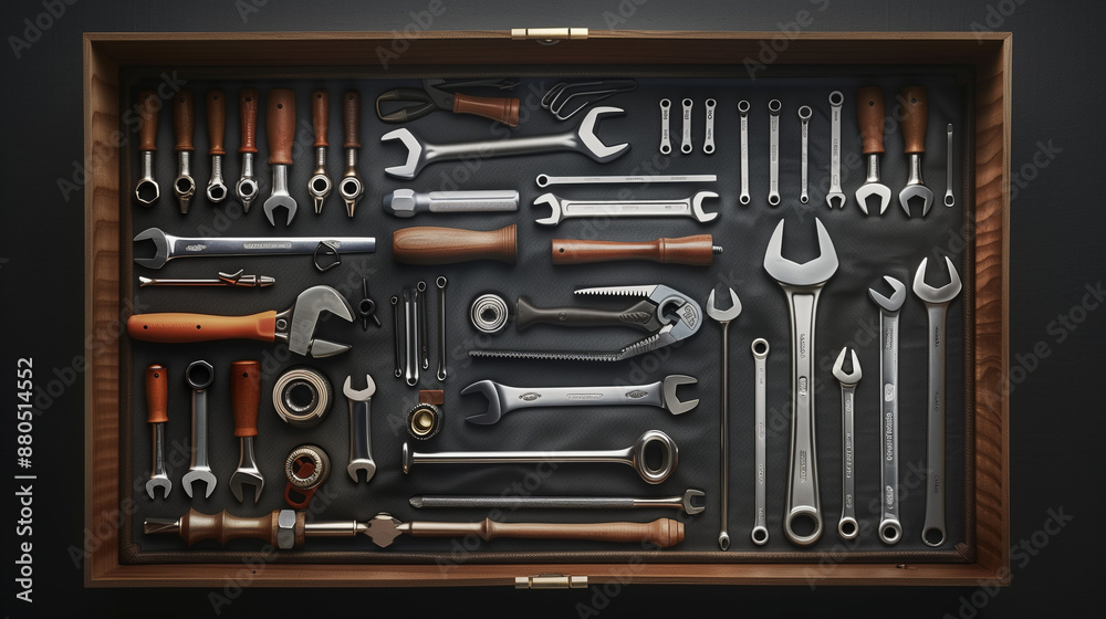 Assorted Hand Tools Neatly Arranged on a Workbench in a Workshop Assorted Hand Tools Neatly Arranged on a Workbench in a Workshop