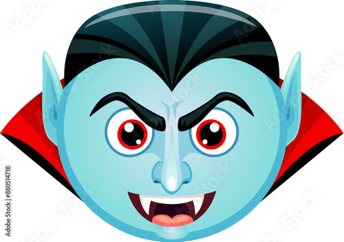 Cartoon Halloween vampire emoji character. Vector pale ghoul evil face emoticon with fangs and cape collar, ready for holiday fun. Cute and spooky count Dracula, bloodsucker emotion for festive chats