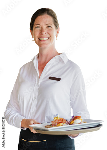 PNG waitress serving food sticker, transparent background photo