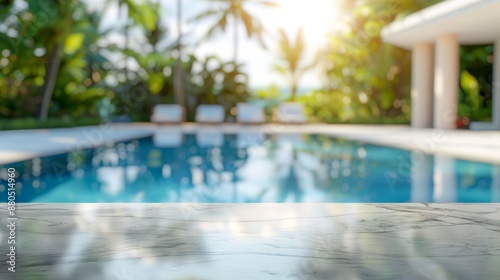 With a blurred background of a swimming pool, an empty marble table is seen in front