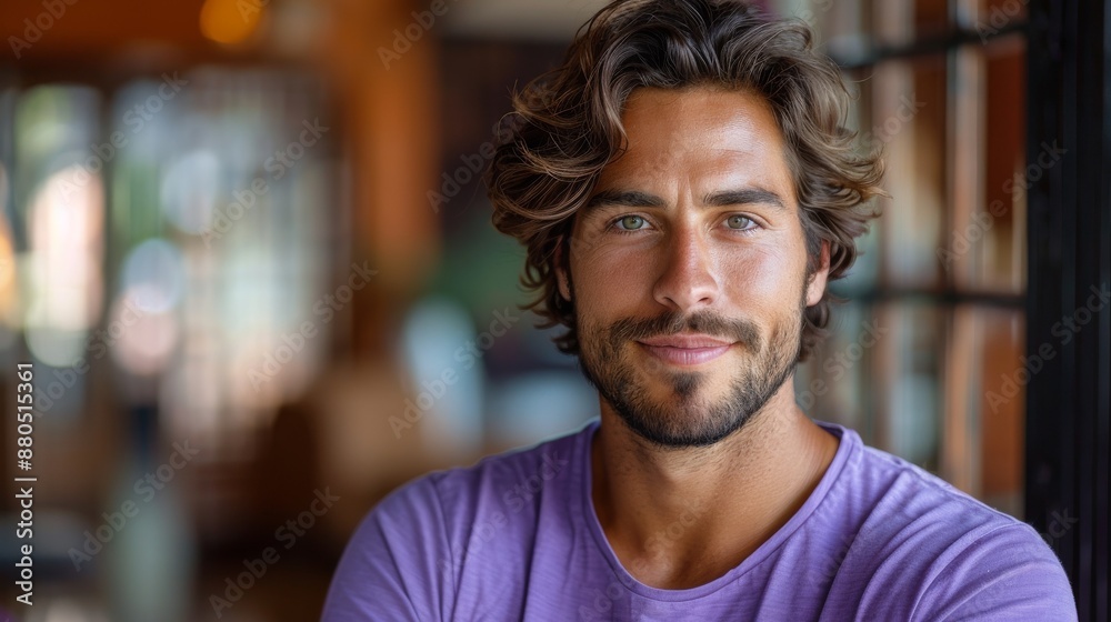 An isolated image of an attractive young man, wearing purple t-shirt, holding a cellphone and pointing across the workspace area, isolated on a red orange background. Lifestyle concept. An isolated image of an attractive young man, wearing purple t-shirt, holding a cellphone and pointing across the workspace area, isolated on a red orange background. Lifestyle concept.