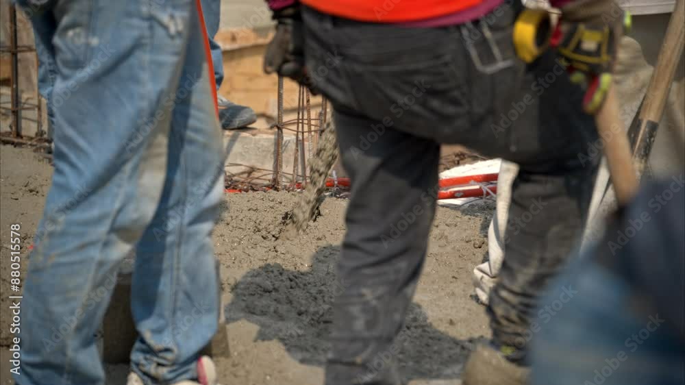 Slow motion close up of concrete mix being poured at a construction site on a bright sunny day while the workers walk around flattening it Slow motion close up of concrete mix being poured at a construction site on a bright sunny day while the workers walk around flattening it