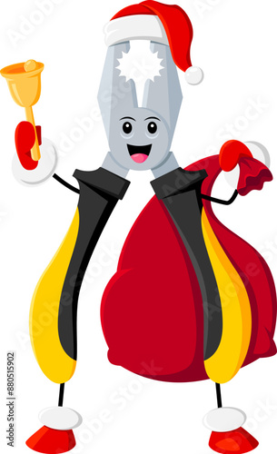 Cartoon Christmas pliers diy and repair tool character. Isolated vector construction instrument personage with a cheerful face, santa hat, gifts sack and bell, ready to tackle holiday diy projects