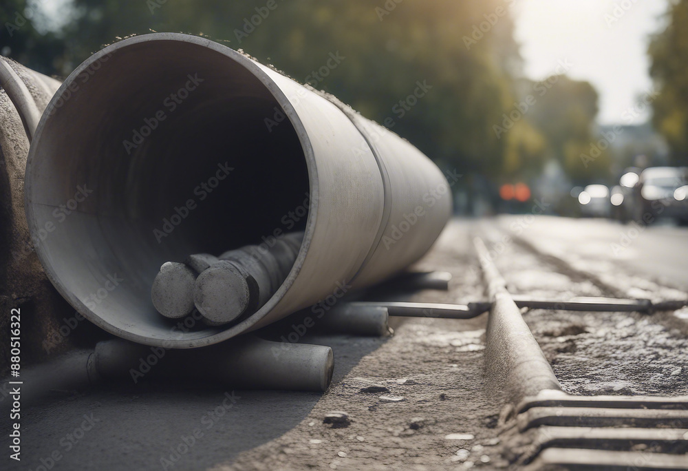 Concrete drainage pipe system installation on road sides for urban water and sewage drainage Concrete drainage pipe system installation on road sides for urban water and sewage drainage