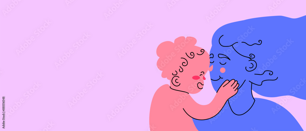 Tender moment between mother and little daughter, drawn characters. Bonding family moment. Creative vector illustration. Concept of family, childhood, motherhood. Hand drawn