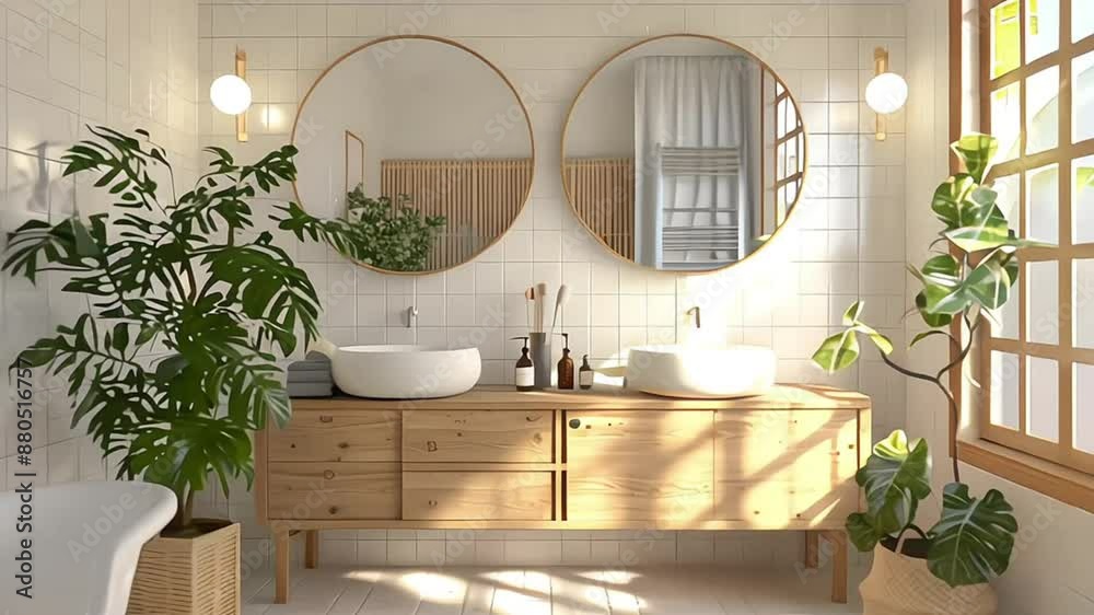 3d rendering of a modern minimal white bathroom with big round mirror