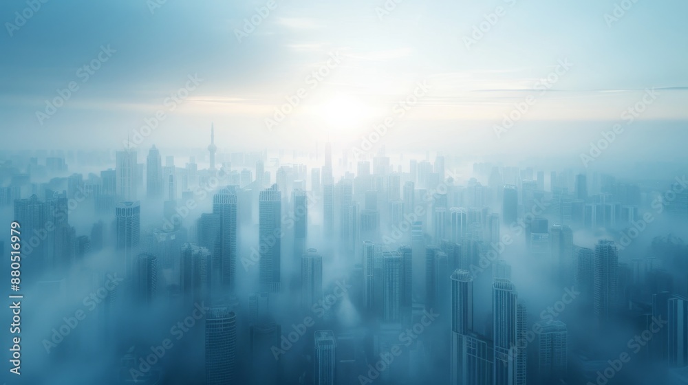 Aerial view of a modern city skyline enveloped in a serene fog at sunrise, showcasing tall skyscrapers and urban architecture in soft morning light. Aerial view of a modern city skyline enveloped in a serene fog at sunrise, showcasing tall skyscrapers and urban architecture in soft morning light.