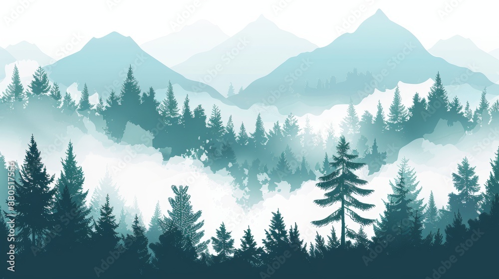 Fototapeta premium A landscape panorama of a black forest landscape with trees in green silhouettes - A black forest illustration with spruce and fir trees