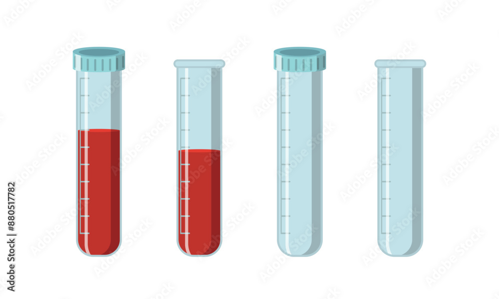 Cartoon glass blood test tubes. Medical tube blood test. Vector flat collection. Isolated on white background Cartoon glass blood test tubes. Medical tube blood test. Vector flat collection. Isolated on white background