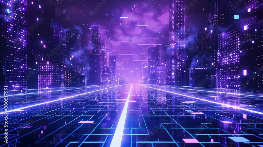 Abstract neon light background for a 3D scene, empty space scene, spotlight, dark night, virtual reality, cyber futuristic sci-fi background for a street mockup. Colorful geometric shapes.