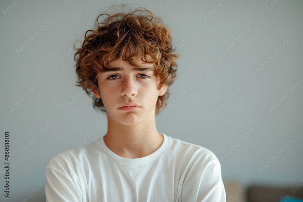 Pensive Young Boy with Curly Hair in a White T-Shirt Pensive Young Boy with Curly Hair in a White T-Shirt