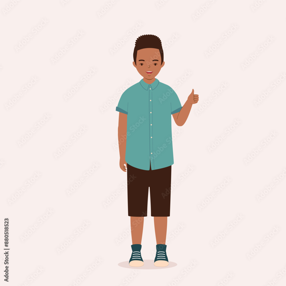 Fototapeta premium One Smiling Black Little Boy With One Hand Showing Thumbs Up Hand Gesture.