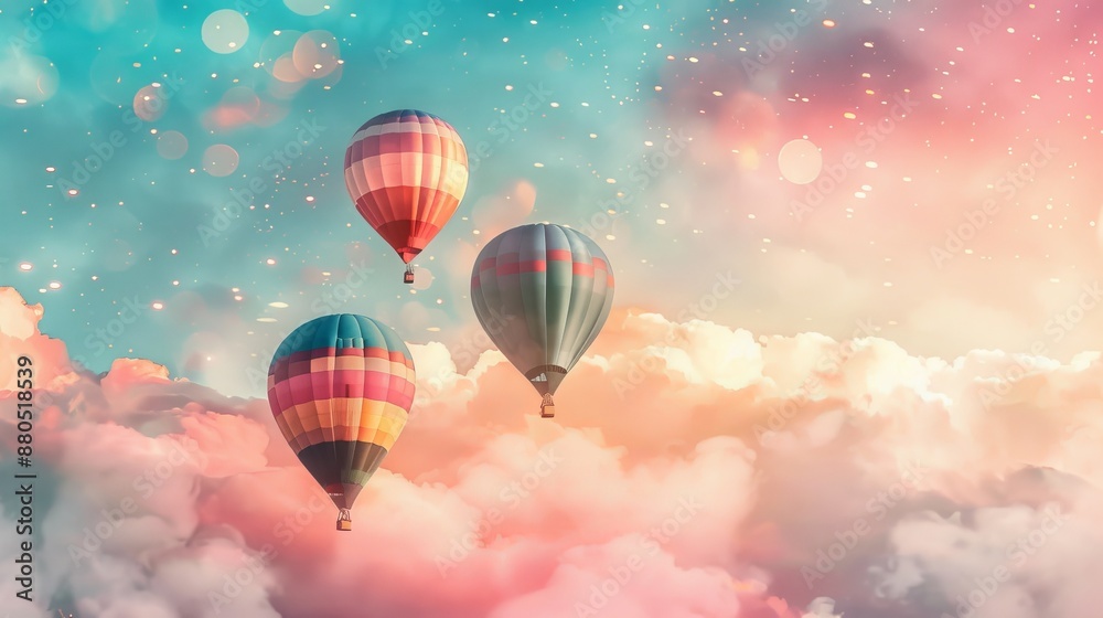 Obraz premium Embroidered watercolor baby air balloon seamless pattern on 3D wallpaper